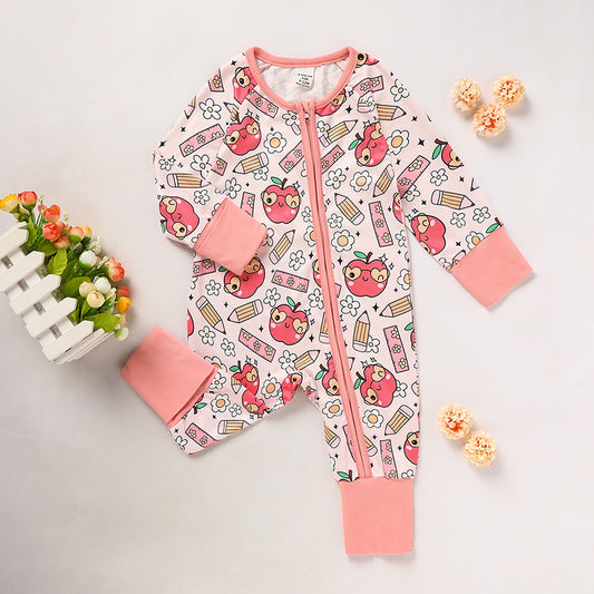 Adorable Infant Back-to-School Romper 🍎✏️ Apple & Pencil Print Long Sleeve Jumpsuit 👶