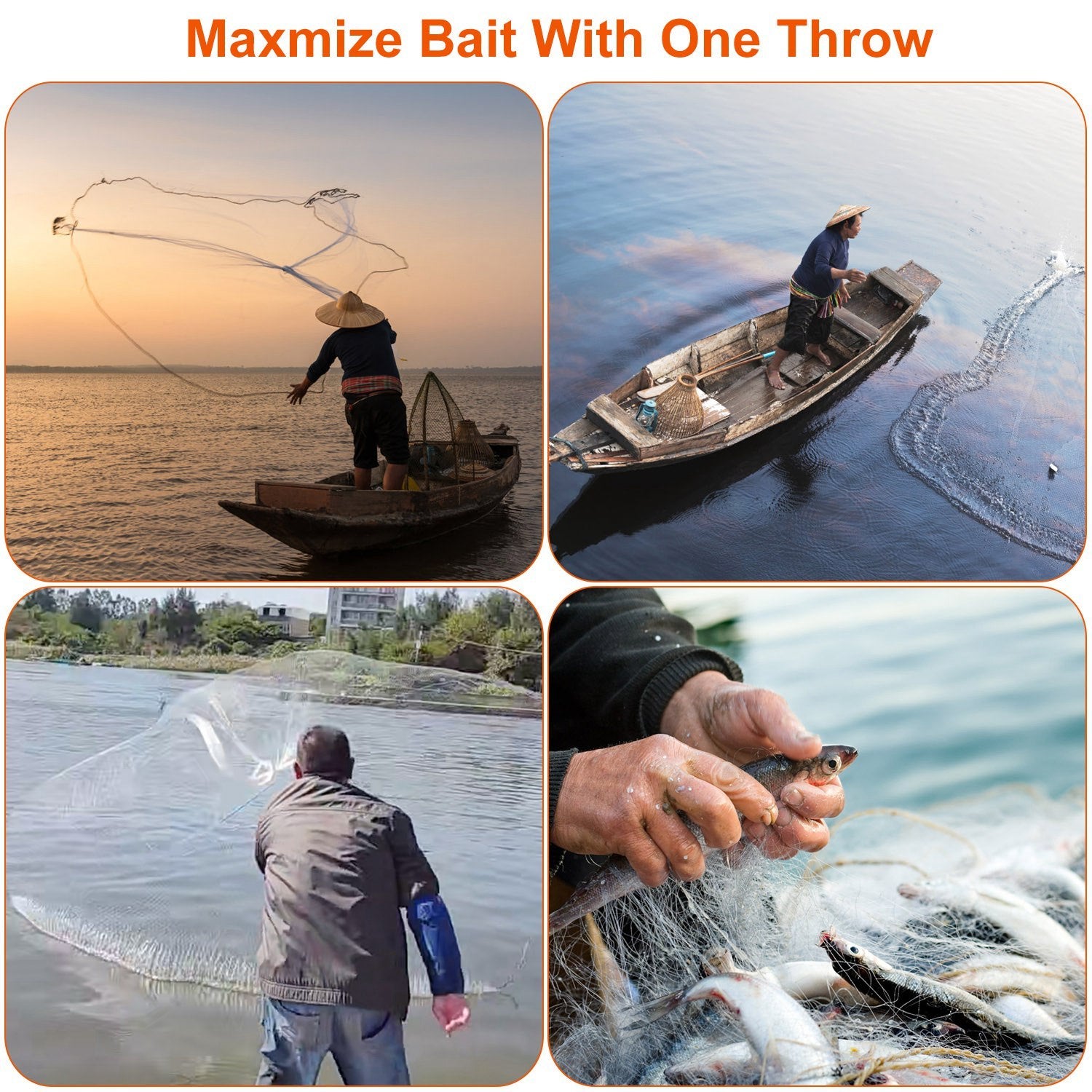 Easy Throw Fishing Cast Net (6ft/8ft Radius) - Heavy-Duty Bait Trap Net with Chain Bottom