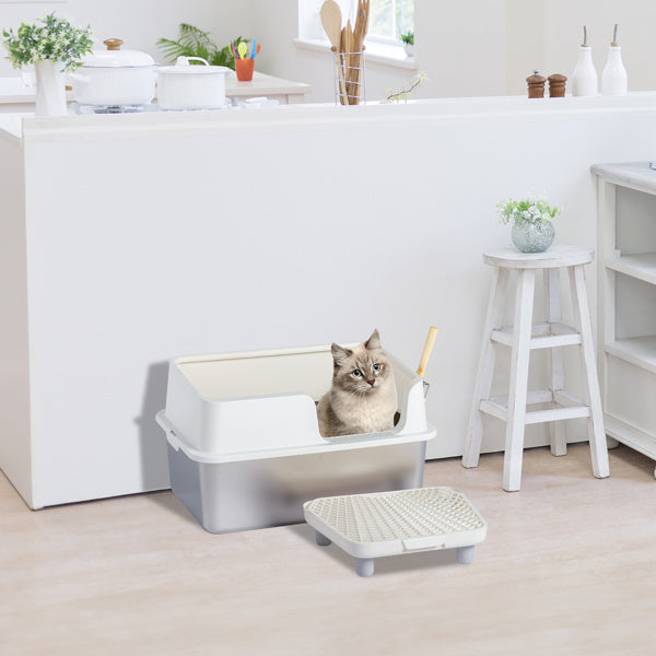 Stainless Steel Cat Litter Box with Plastic Buckle, Shovel & Foot Pad – White
