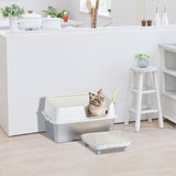 Stainless Steel Cat Litter Box with Plastic Buckle, Shovel & Foot Pad – White