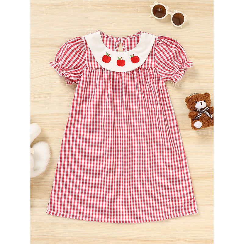 Toddler Kids Girls Back to School Dress – Smocked Collar Puff Sleeve Plaid Embroidered Outfit