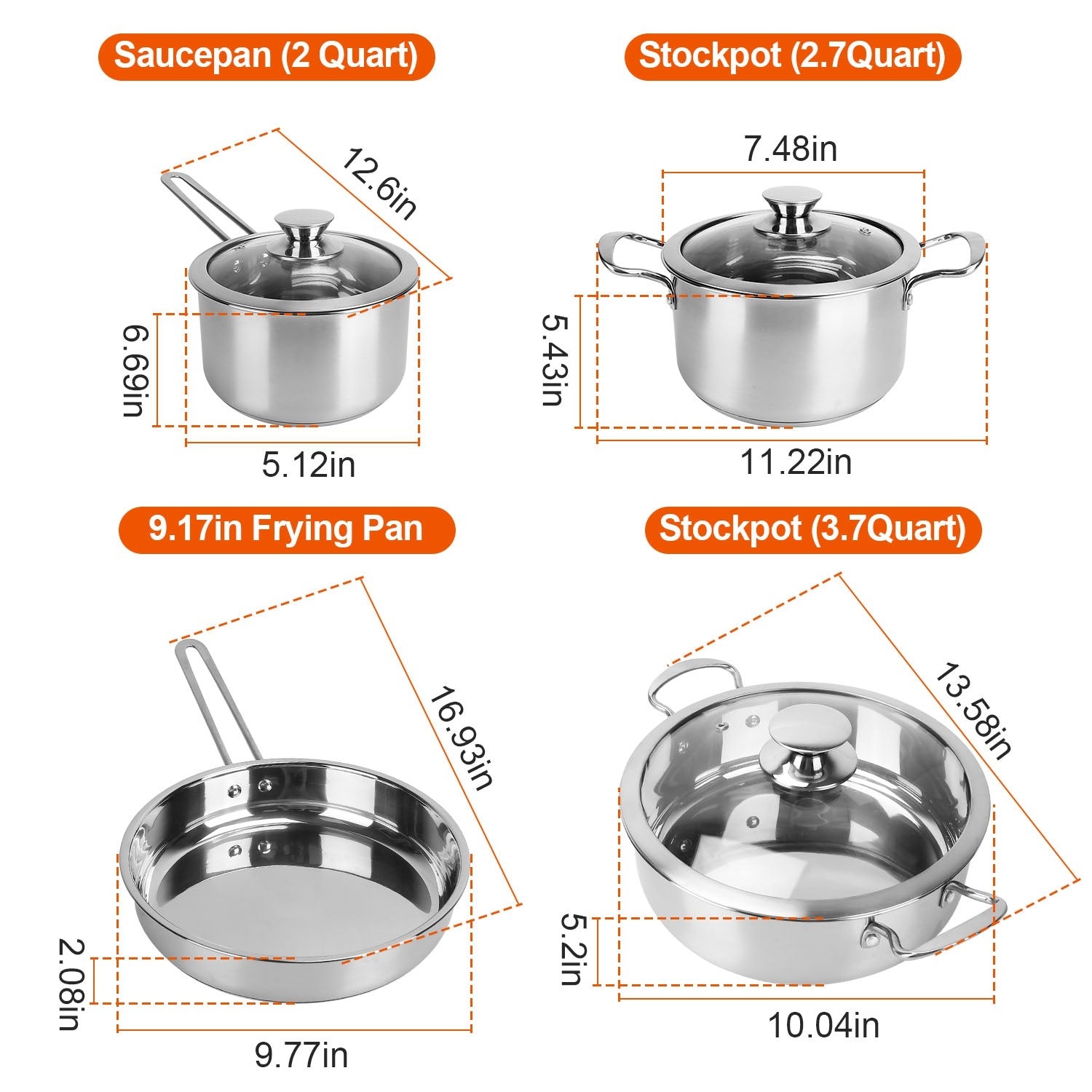 4‑Piece Stainless Steel Cookware Set – Frying Pan, 2 Qt Saucepan, 2.7 Qt & 3.7 Qt Stockpots with Lids