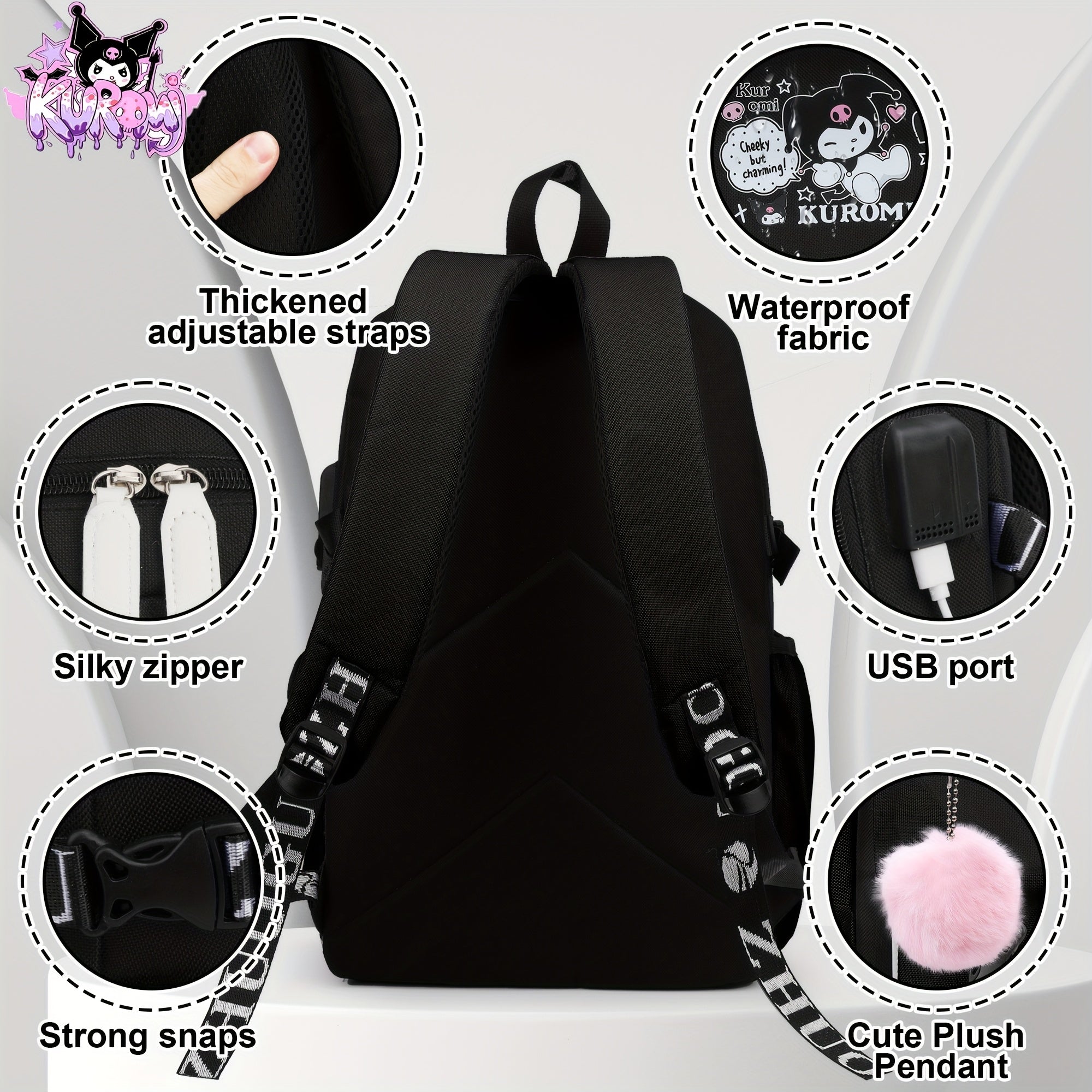 SANRIO Kuromi Anime Backpack with Pendant Charm – High-Quality Nylon Laptop Bag (Fits 15″) for School, Travel & Hiking 🎒