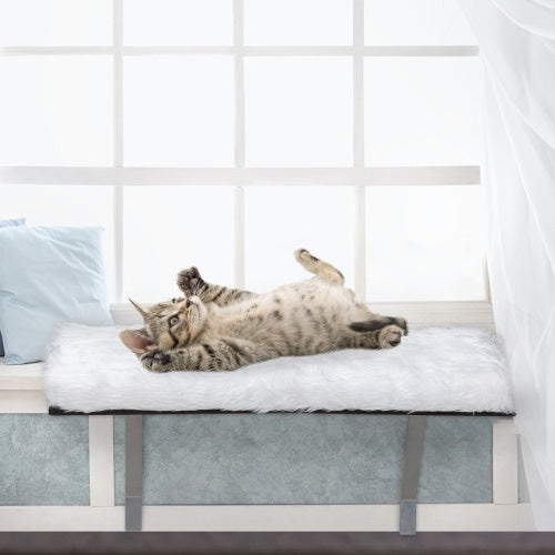 Wall-Mounted Cat Window Perch Seat – Upholstered MDF & Iron, White