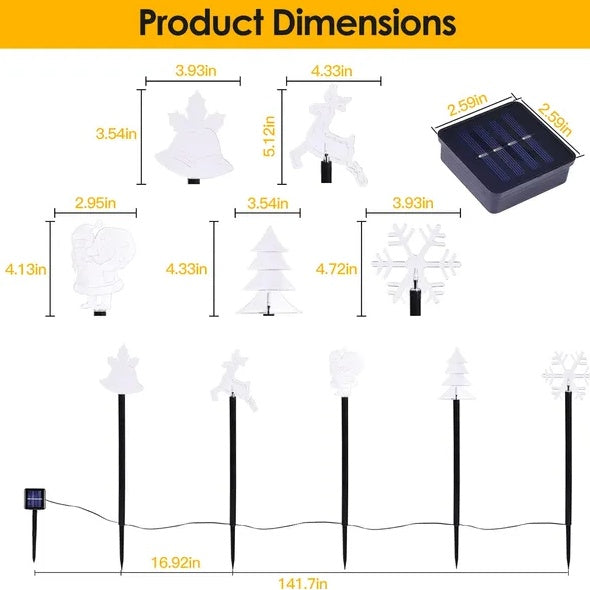 5-Piece Mixed Christmas Solar Stake Lights – Reindeer, Snowflake, Bell, Christmas Tree & Santa Claus, Warm Yellow LEDs, IP44 Waterproof