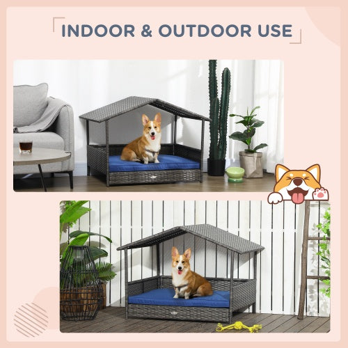 PawHut Wicker Dog House – Outdoor Rattan Bed with Canopy & Water-Resistant Cushion for Small & Medium Dogs