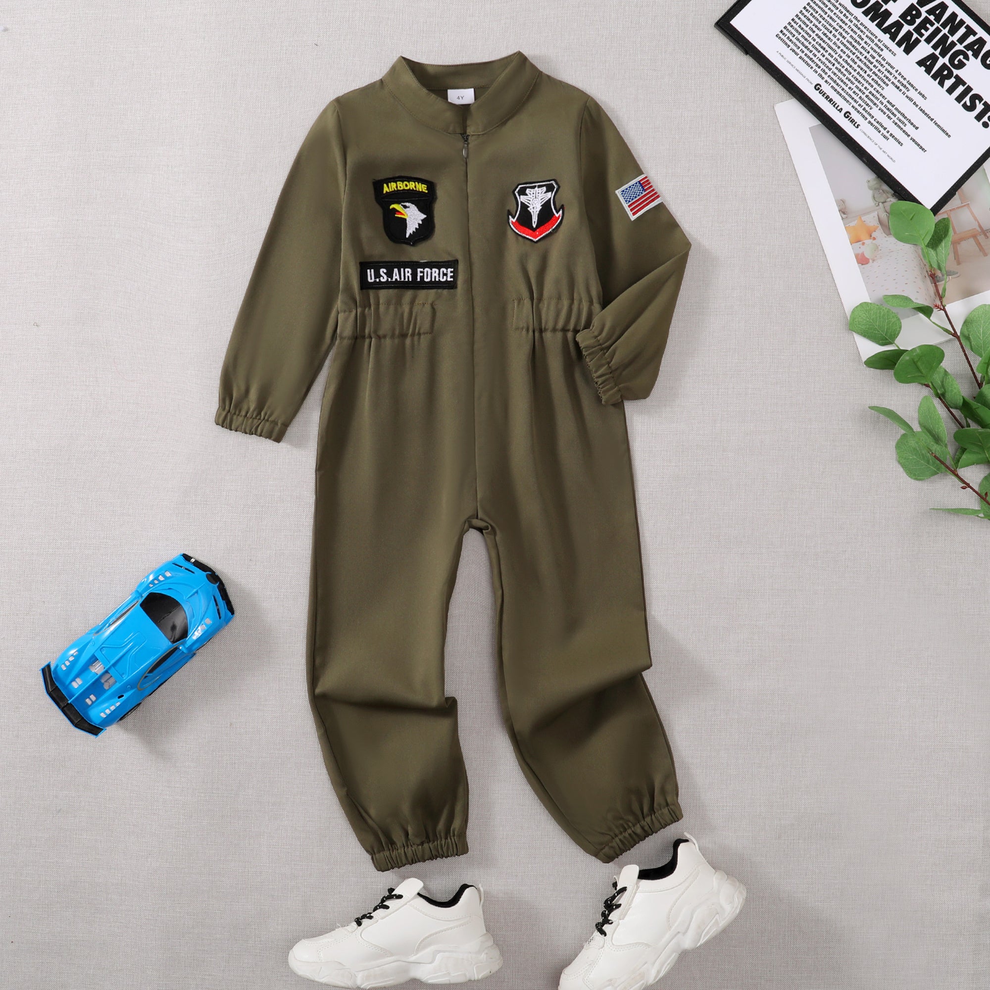 Toddler Boys Pilot Jumpsuit – Army Green Long Sleeve Romper for Birthday Parties & Playtime