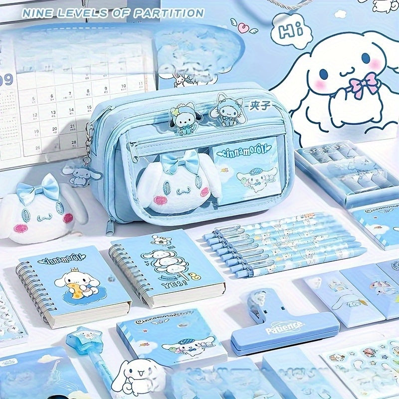 Large Capacity Transparent Pencil Box – Purple Canvas Stationery Organizer with Kawaii Character Design & Stickers for School Supplies ✏️🟣