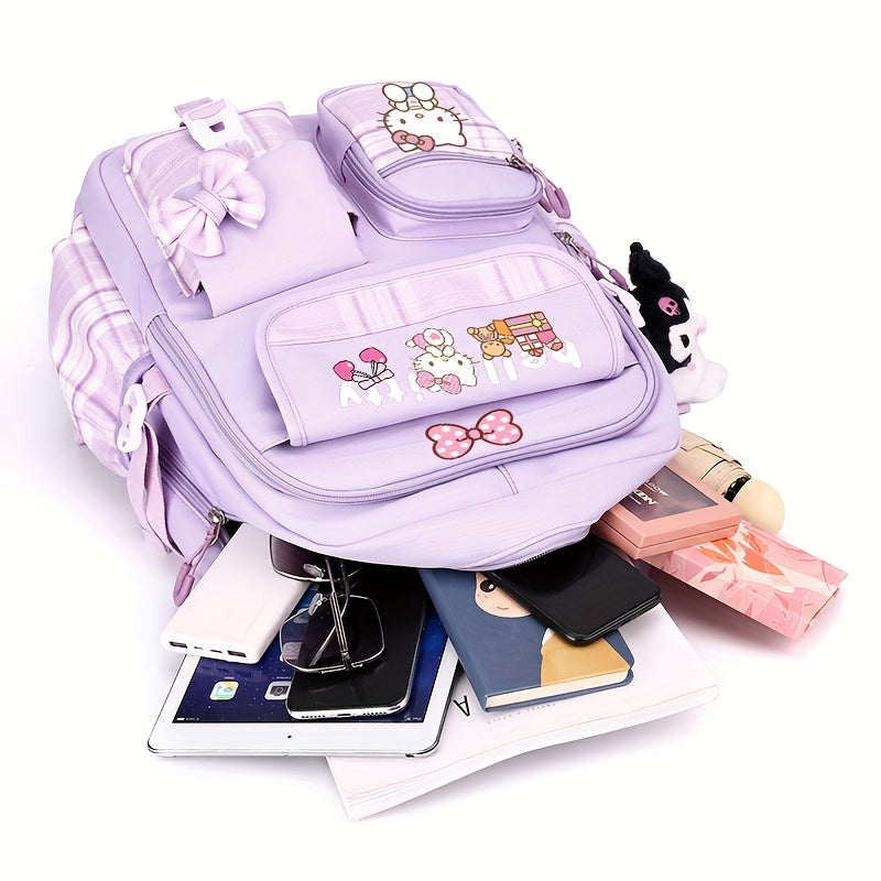 Sanrio Hello Kitty Large Capacity Laptop Backpack with Adjustable Straps & 2 Free Hairpins – Purple Plaid Print