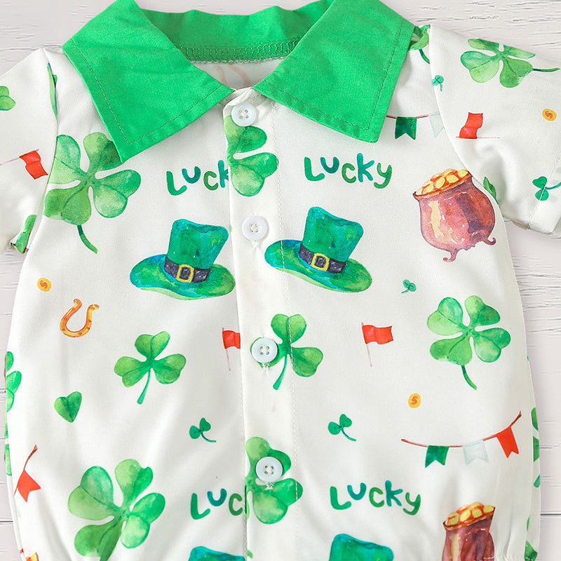 Newborn Baby Boy St. Patrick’s Day Outfit ☘️ Clover Print Romper & Suspenders Pants Set (119 karakter ✅)