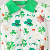 Newborn Baby Boy St. Patrick’s Day Outfit ☘️ Clover Print Romper & Suspenders Pants Set (119 karakter ✅)