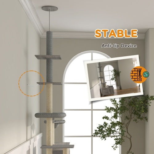 PawHut 2-in-1 Cat Tree with Litter Box Enclosure – Floor-to-Ceiling Cat Tower with Condo, Hammock, Scratching Posts & Platforms (Gray)
