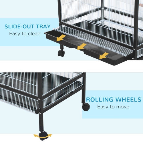 PawHut 54'' Extra Large Portable Rolling Iron Aviary – Flight Bird Cage with Accessories for Parrots, Cockatiels & Finches