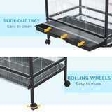 PawHut 54'' Extra Large Portable Rolling Iron Aviary – Flight Bird Cage with Accessories for Parrots, Cockatiels & Finches