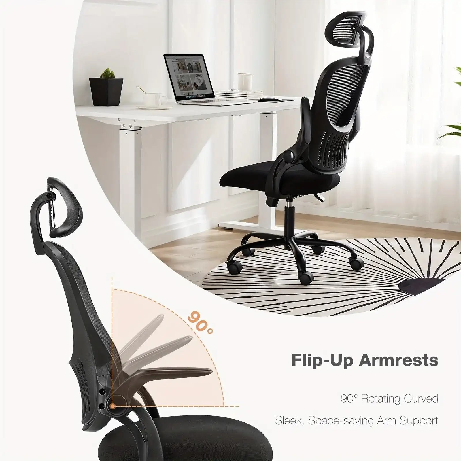 OLIXIS Ergonomic Office Desk Computer Chair, High Back Comfy Swivel Home Gaming Mesh Chairs with Wheels, Adjustable Headrest, Comfortable Lumbar Support, Flip-up Arms, 144° Tilt for Study - PulinGO