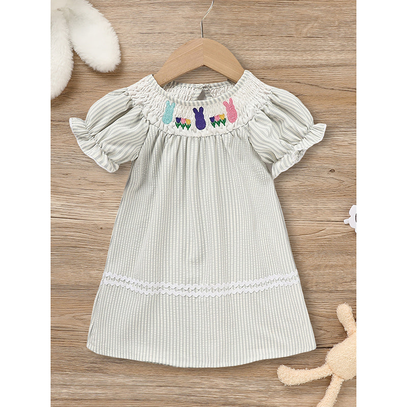 Infant Baby Girls Easter Bunny Smocked Dress – Embroidered Short Sleeve Summer Outfit
