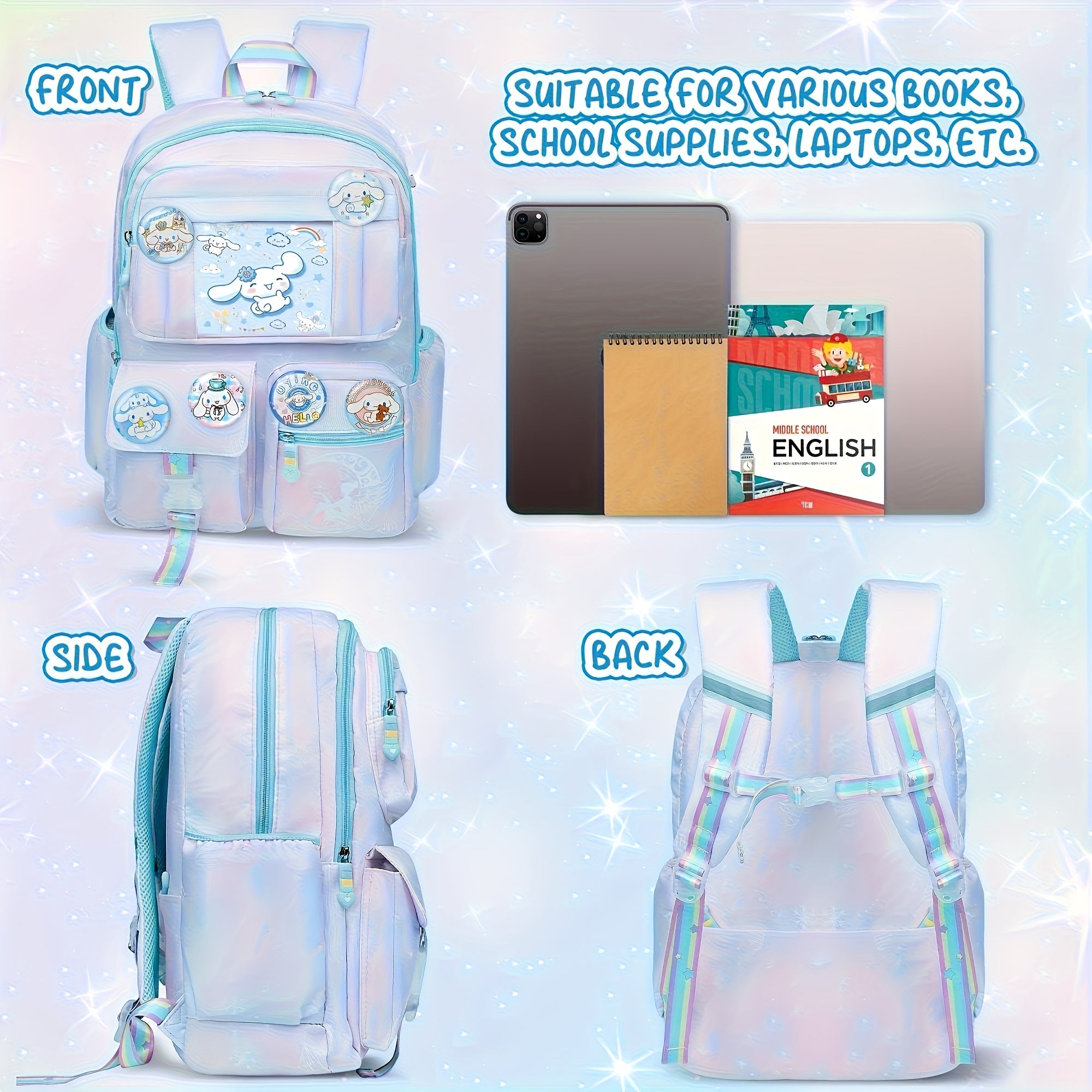 Cinnamoroll Blue Backpack Set – Large Capacity Teen School Bag with 6 Badges & Stationery Cards