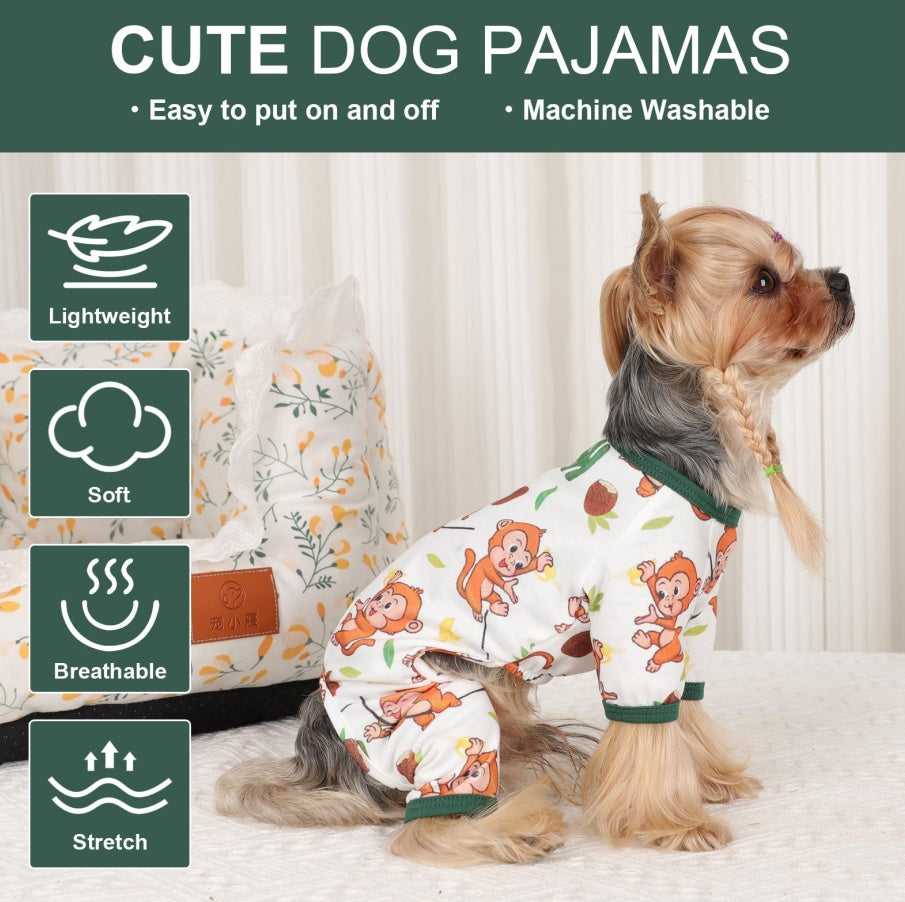 Dog Pajamas PJs – Soft Stretchy Clothes for Small Dogs & Cats, Brown Monkey Print Onesies for Puppies, Chihuahuas & Yorkies
