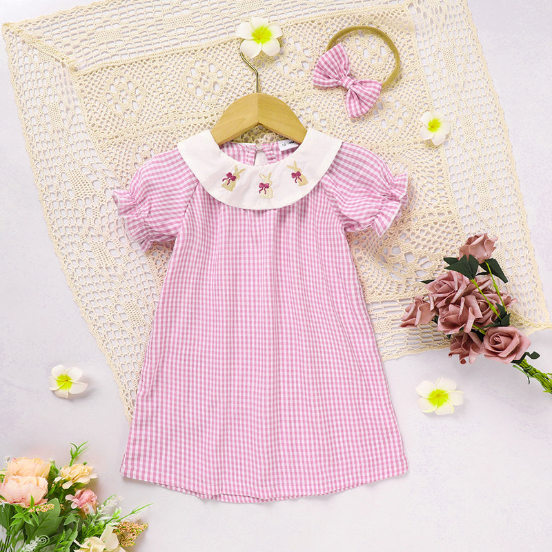 Infant Girls Plaid Easter Bunny Smocked Dress 🎀 Short Sleeve Party Outfit