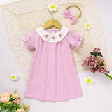 Infant Girls Plaid Easter Bunny Smocked Dress 🎀 Short Sleeve Party Outfit