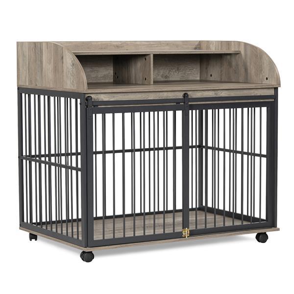 Heavy Duty Large Dog Cage Furniture – Indoor Wooden Kennel Crate with Double Doors & Metal Frame