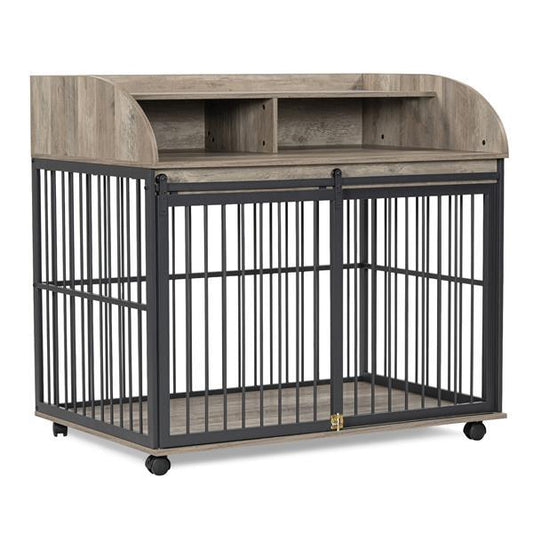 Heavy Duty Large Dog Cage Furniture – Indoor Wooden Kennel Crate with Double Doors & Metal Frame