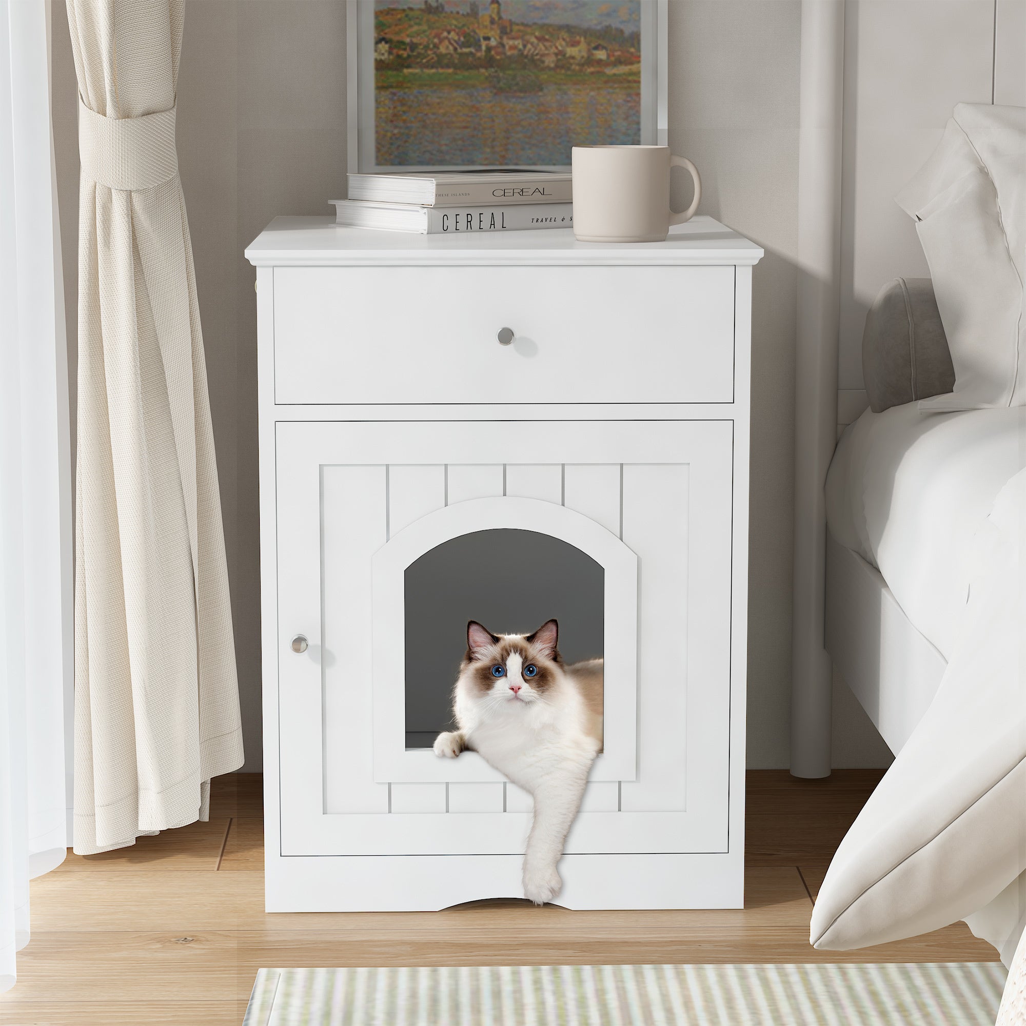 Wooden Pet House Litter Box Furniture – Multi-Functional Enclosure with Fence, Drawers & Modern Wooden Design