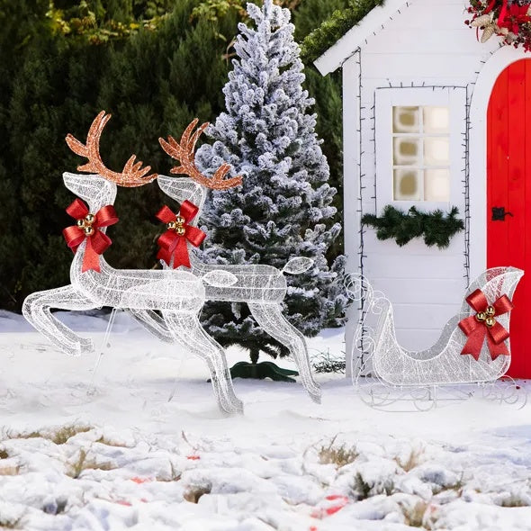 3-Piece Lighted Set – 2 Reindeer & Sleigh with 270 Pre-lit White LEDs, Weather-Proof Outdoor Christmas Decoration with Stakes