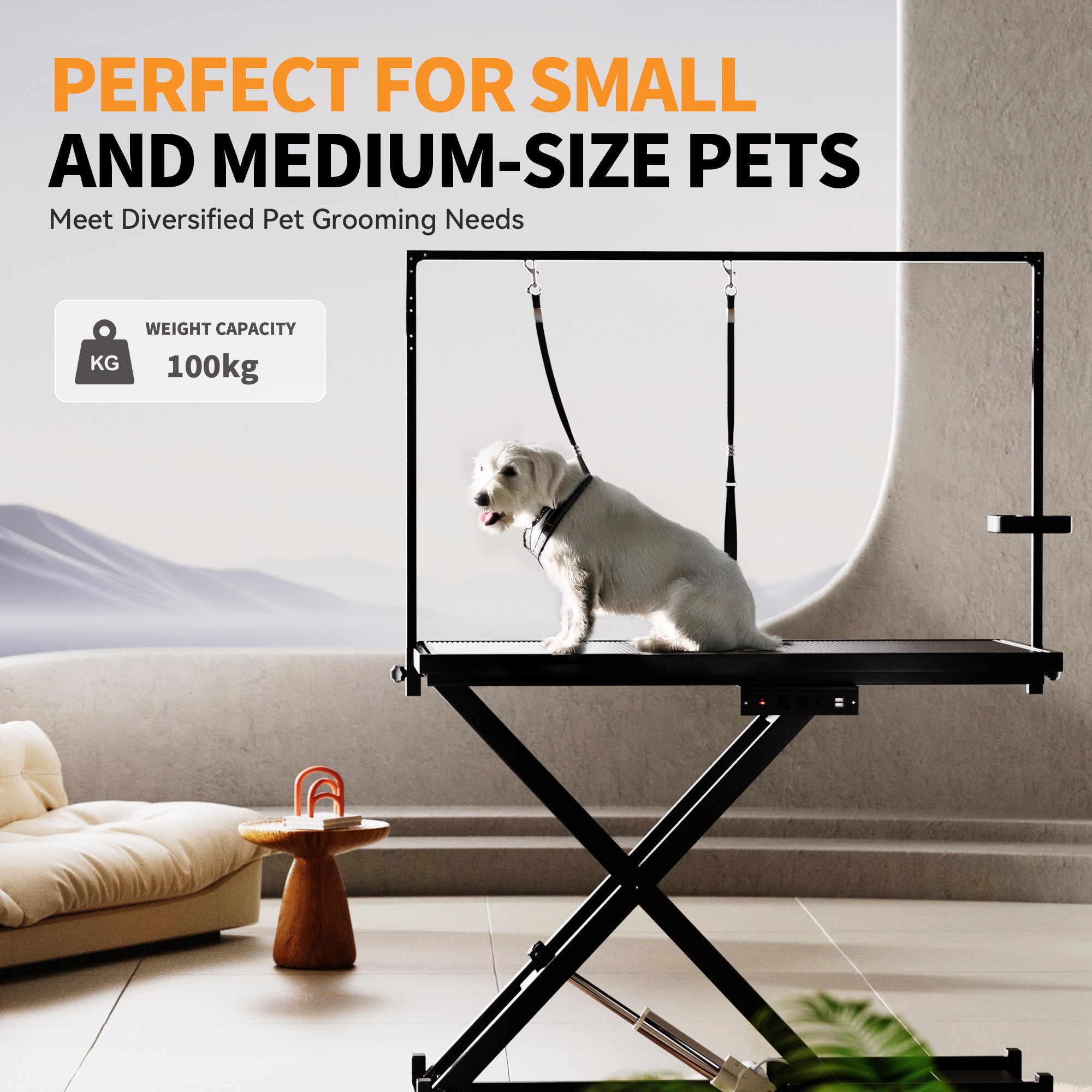 Height-Adjustable Pet Grooming Table – 50″ Electric Lift Station with Leveling Wheels, Grooming Arm, Non-Slip Top & Tool Organizer (Black)
