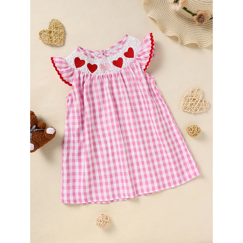 Baby Girl Valentine’s Day Dress – Pink Plaid Outfit with Heart Embroidery & Ruffle Sleeves