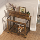 Furniture-Style Dog Crate Side Table – Rustic Brown Wooden Kennel with Double Doors, Lift-Top & Wheels