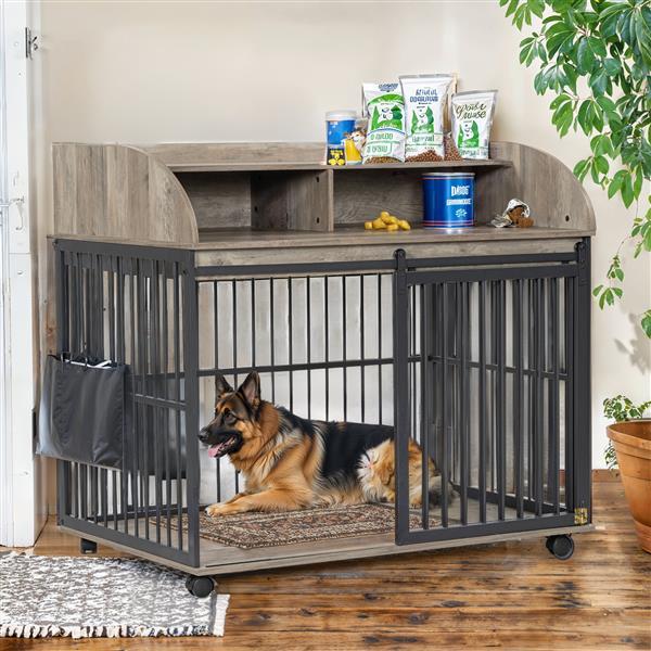 Heavy Duty Large Dog Cage Furniture – Indoor Wooden Kennel Crate with Double Doors & Metal Frame