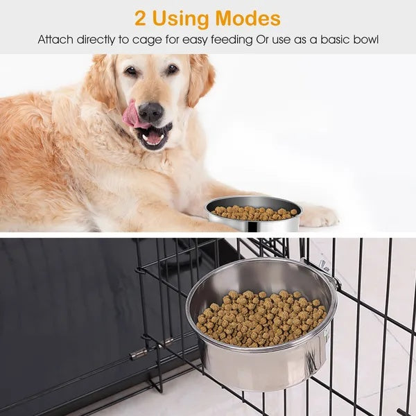 Detachable Pet Cage Food & Water Bowl with Clamp Holder – Stainless Steel Feeding Cup for Dogs, Cats & Small Animals