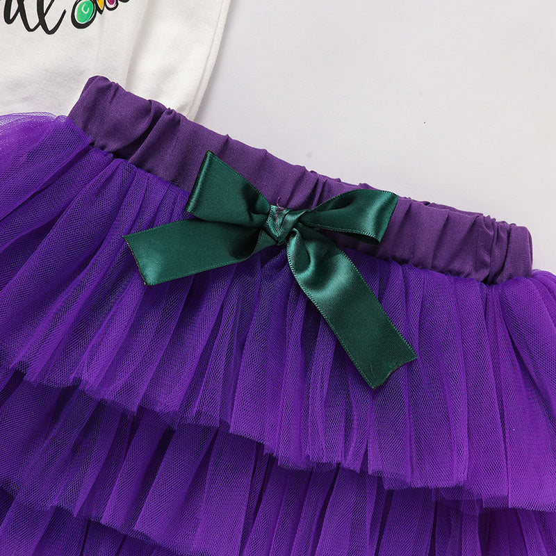 Baby Girl Mardi Gras Outfit 🎭 Ruffle Sleeve Bodysuit + Mesh Tutu Skirt + Hairband Set