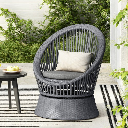 26.7" Modern Gray Wicker Lounge Chair – Round Rattan & Iron Frame, Stylish Relaxation for Living Room & Patio 🪑✨