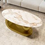 Modern Oval Sintered Stone Coffee Table - 47" Marble Pattern Top with Gold Stainless Steel Base | Luxury Living Room Furniture