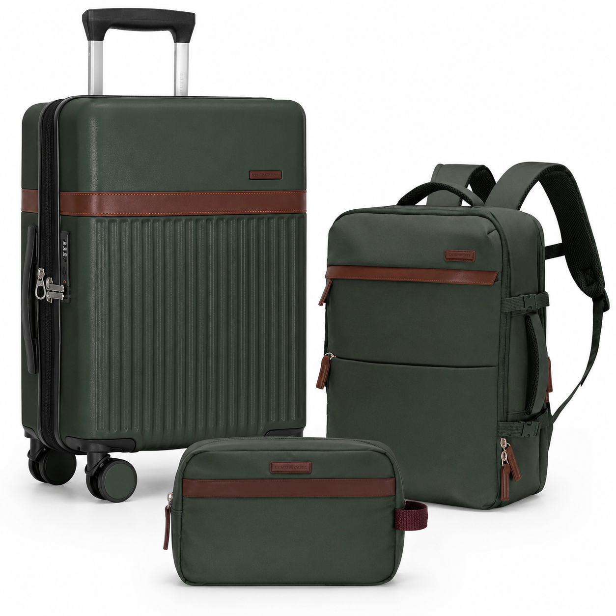 Green 3-Piece Carry-On Luggage Set with Backpack & Toiletry Bag