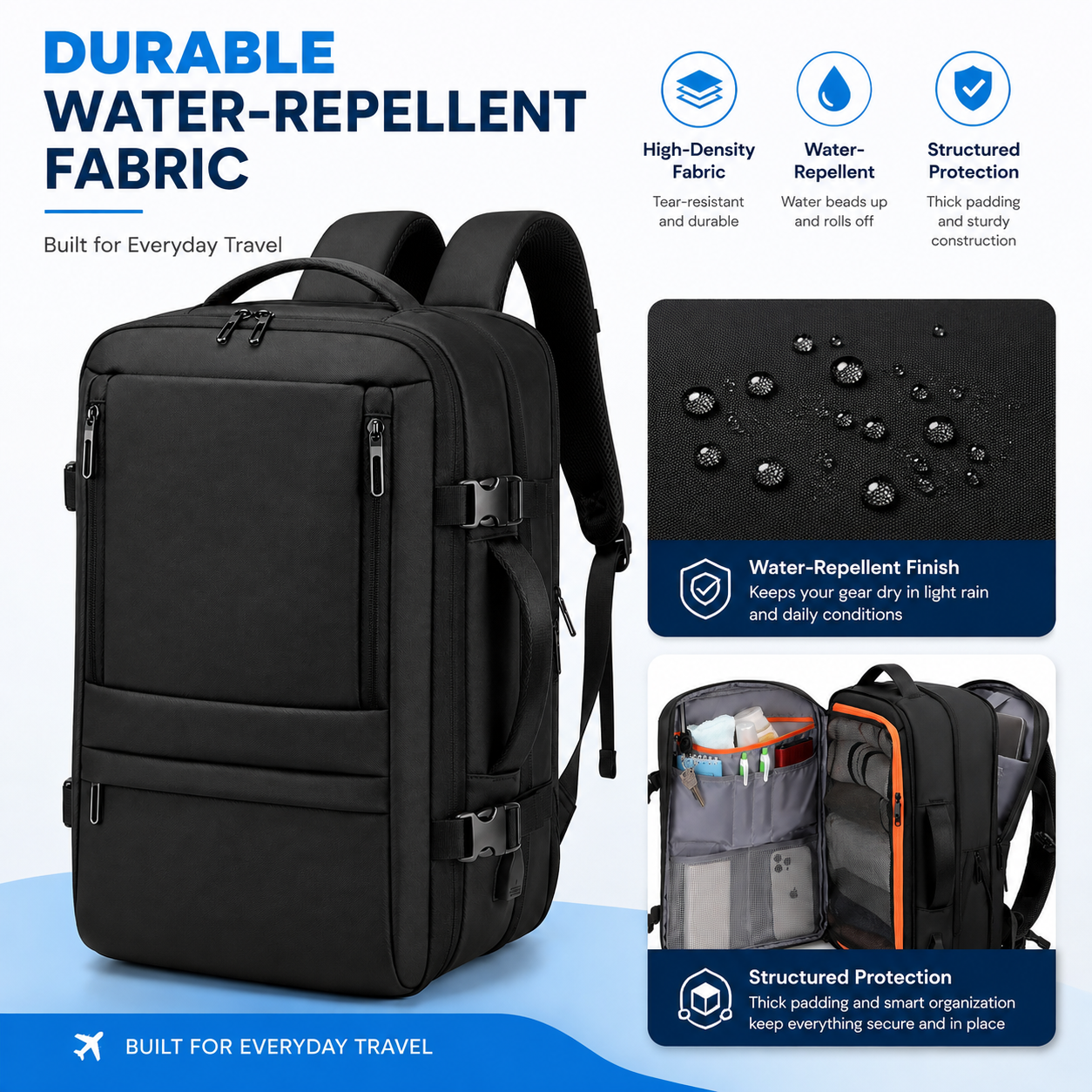 35L Expandable Carry-On Travel Backpack with 17.3-Inch Laptop Compartment – Black