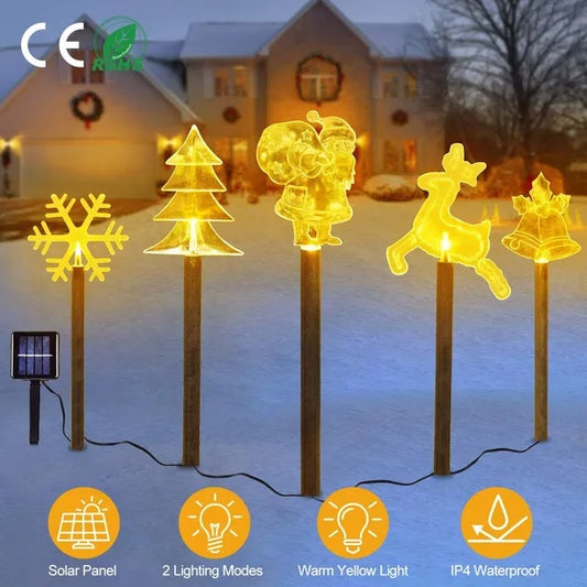 5-Piece Mixed Christmas Solar Stake Lights – Reindeer, Snowflake, Bell, Christmas Tree & Santa Claus, Warm Yellow LEDs, IP44 Waterproof