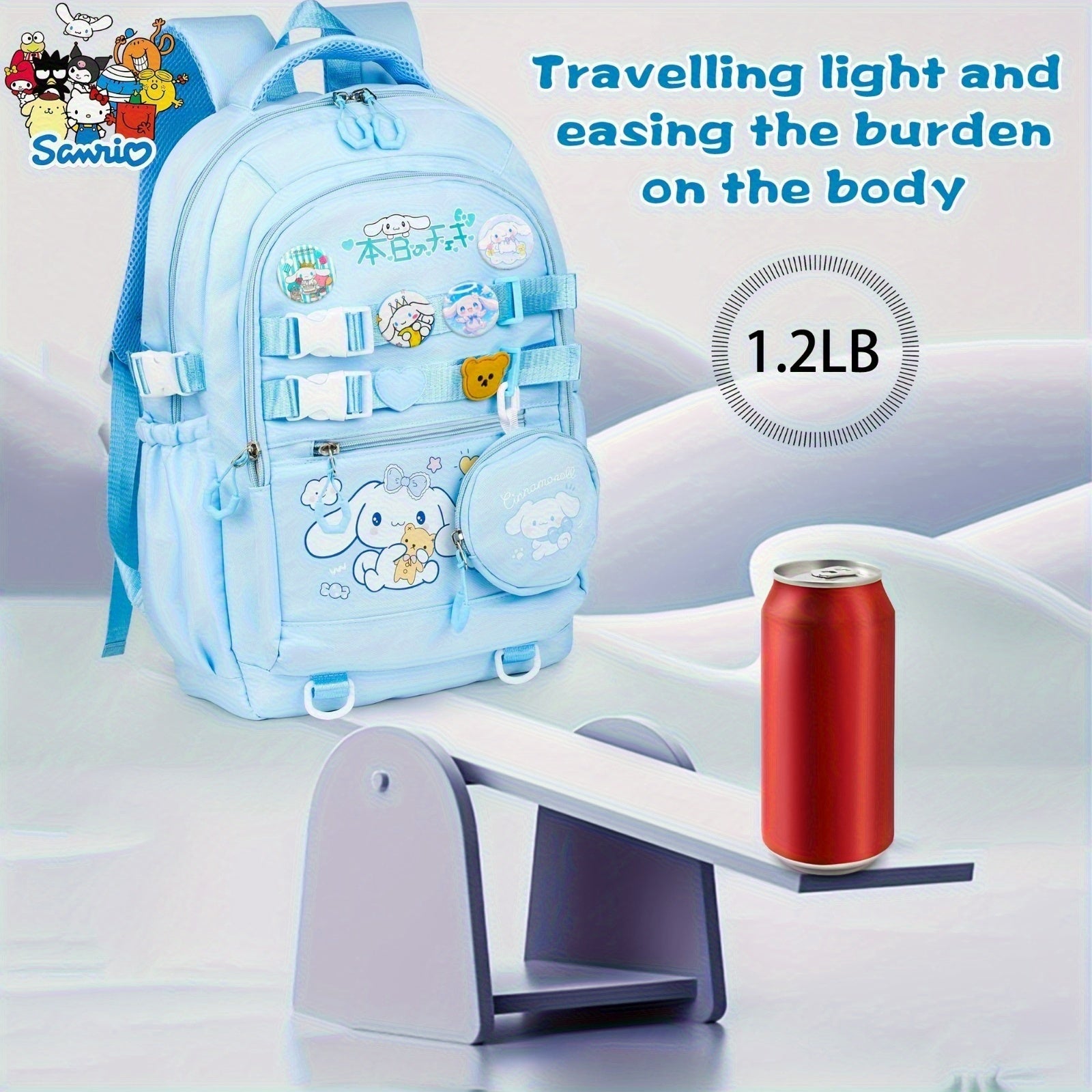 Sanrio Cinnamoroll & My Melody Large-Capacity Backpack Set – Includes Coat Purse, Stationery Set, Lanyard & 4 Badge Pins