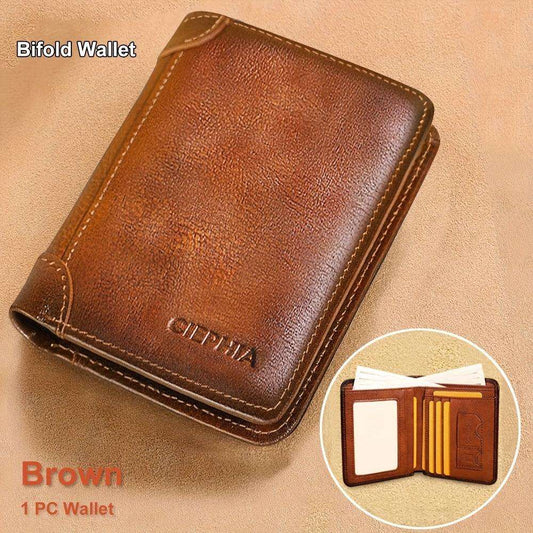 RFID Blocking Trifold Genuine Leather Wallets For Men, Top Layer Cowhide Vintage Short Multi Function Credit Card Holder, Money Clips With 2 ID Windows Valentine'S Day Gifts For Men - PulinGO