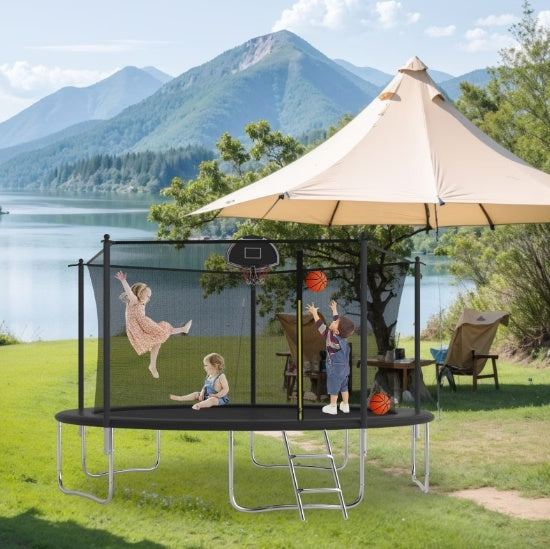 14-ft Trampoline with Safety Enclosure Net & Basketball Hoop – Outdoor Jumping Set
