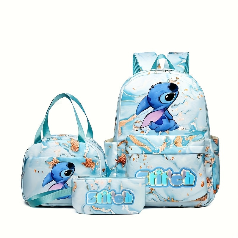 Disney Stitch 3-Piece Backpack Set – Large Capacity Nylon Backpack + Lunch Bag + Accessories, Trendy Mixed Colors