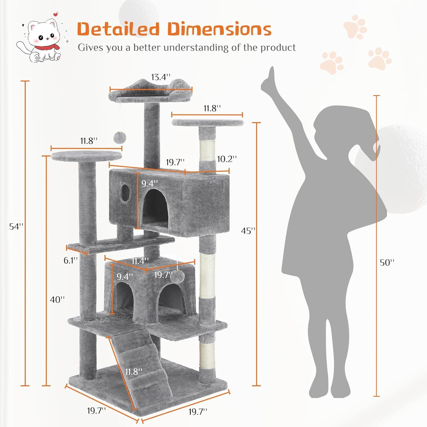 54" Cat Tree Tower – Multi-Level Activity Center with Sisal Scratching Posts, Plush Toys, Ladder & Resting Platforms