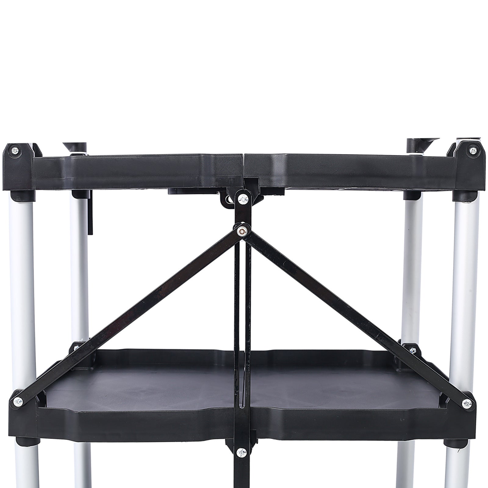 Folding Service Cart – Iron Frame & Plastic Shelves, Collapsible Utility Cart with Wheels