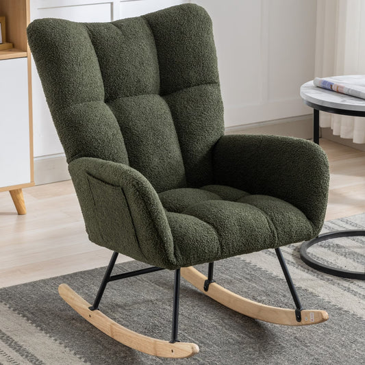 Comfy Teddy Fabric Rocking Chair - Ergonomic Wingback Glider with Solid Wood Base and Side Pocket | Nursery & Living Room