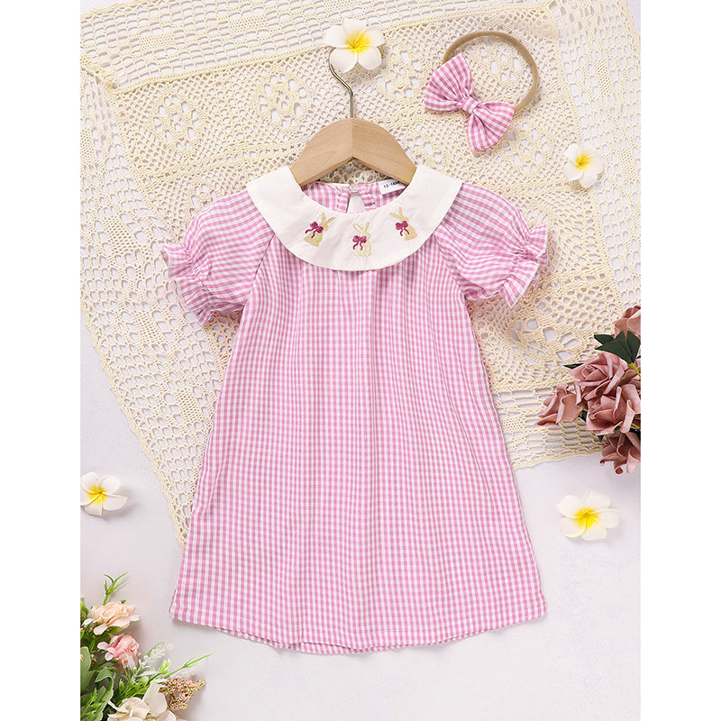 Infant Girls Plaid Easter Bunny Smocked Dress 🎀 Short Sleeve Party Outfit