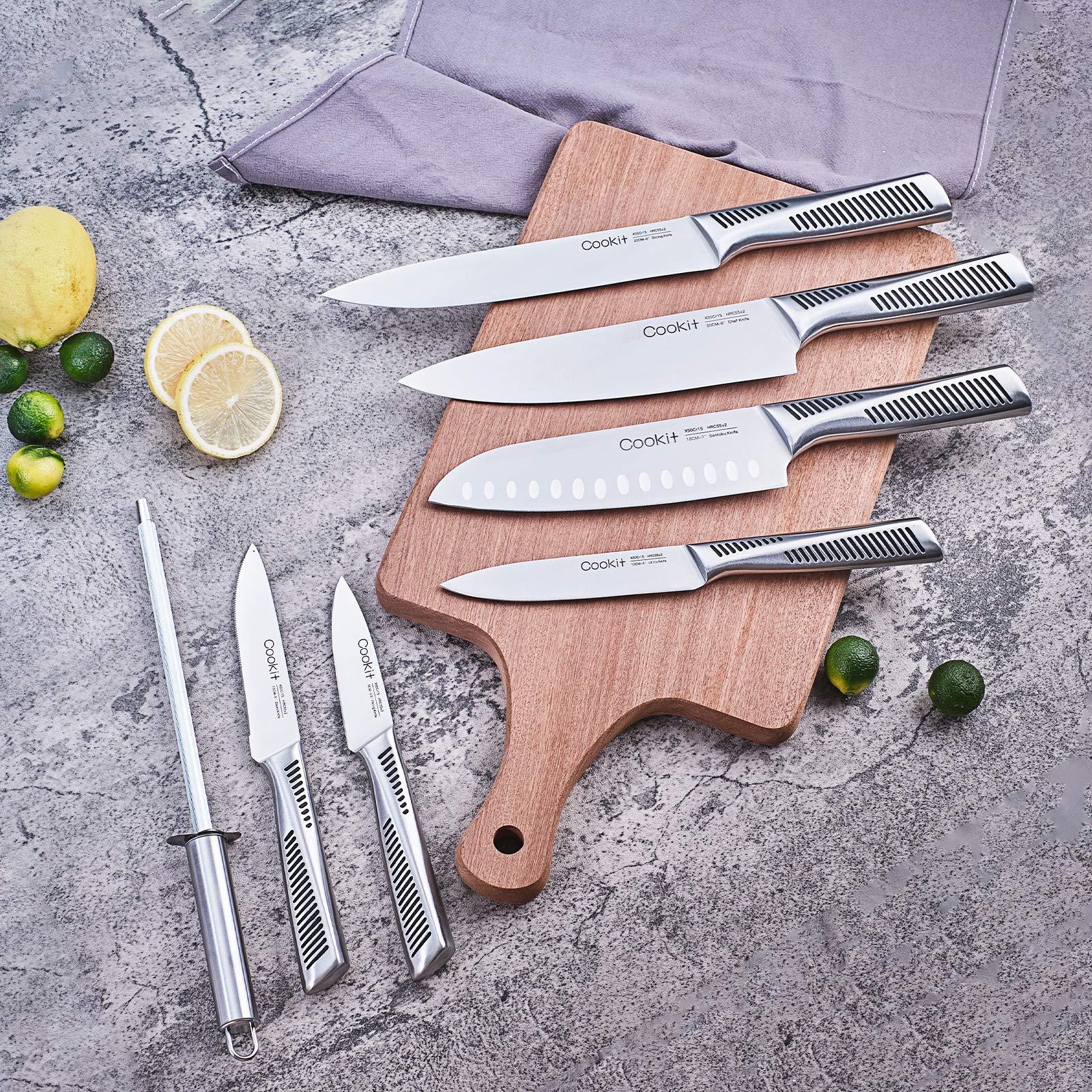 15-Piece Kitchen Knife Set with Block – German High-Carbon Stainless Steel, Hollow Ergonomic Handles, Includes Scissors & Sharpener, Oak Block