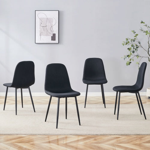 Luxury Simple Chair – Set of 4, Black Linen-Cotton Upholstered with Black Metal Legs