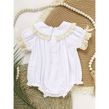 Baby Girl White Lace Romper 👶✨ Short-Sleeve Bubble Jumpsuit for Summer & Weddings 💒☀️